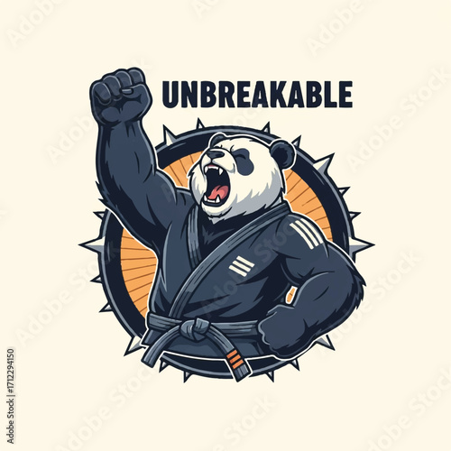 A strong panda, wearing a martial arts uniform, raises a fist with the word "UNBREAKABLE" above.