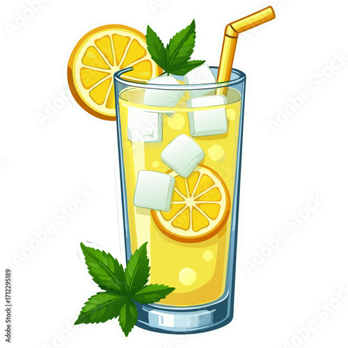 Refreshing lemonade drink with ice cubes orange slice and mint leaves summer beverage cool drink citrus flavor