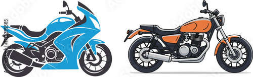 Two Distinct Motorcycle Styles: Blue Sportbike and Orange Classic Bike Illustrations