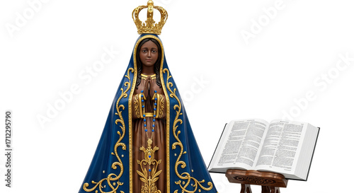 Detailed view of Nossa Senhora Aparecida statue with rosary and Bible beside it, showing a serene religious scene