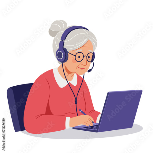Elderly woman taking online course and writing notes at home  