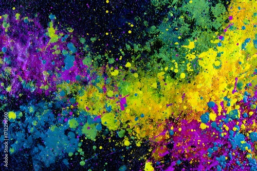 A vibrant explosion of colorful paint splatters against a dark background creating an abstract design