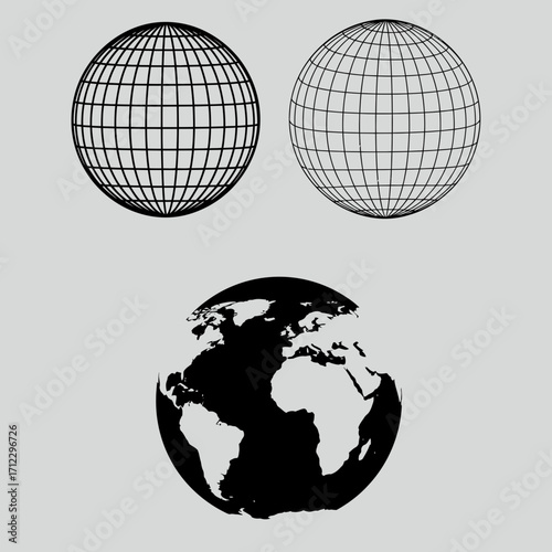 "Black and White Globe Icon Set for Global, Geographic, and International Concepts"