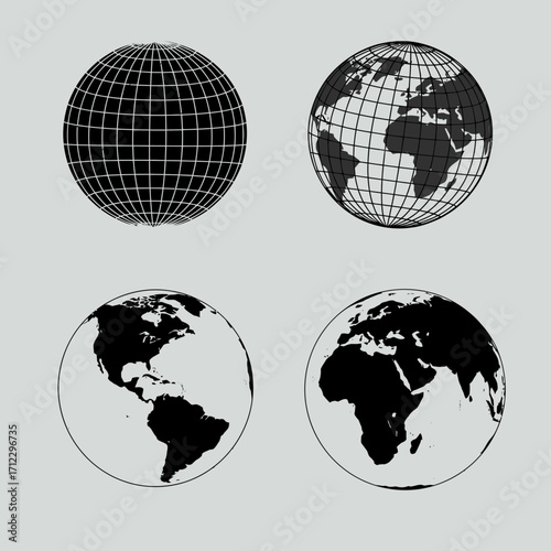 "Black and White Globe Icon Set for Global, Geographic, and International Concepts"