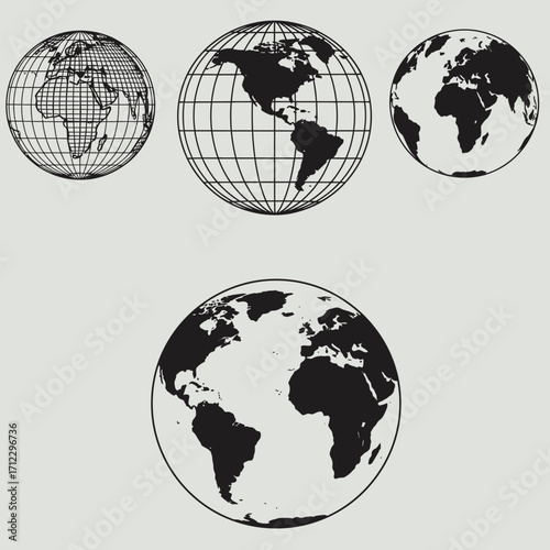 "Black and White Globe Icon Set for Global, Geographic, and International Concepts"