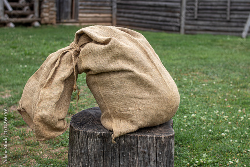 An old sack lies on a wooden stump in the middle of a green lawn