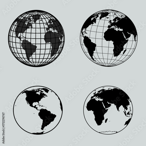 "Black and White Globe Icon Set for Global, Geographic, and International Concepts"