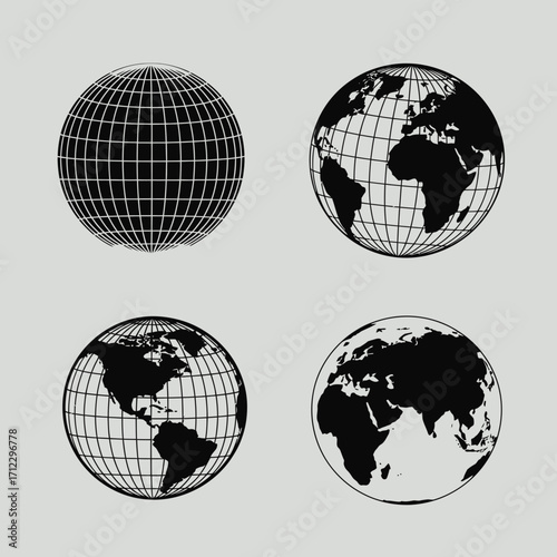 "Black and White Globe Icon Set for Global, Geographic, and International Concepts"