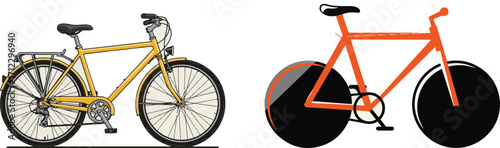 Illustration of Two Contrasting Bicycles: a Yellow Classic City Bike and an Orange Modern Sleek Bicycle
