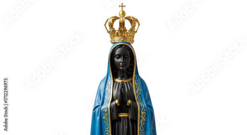 Full statue of Nossa Senhora Aparecida adorned with a golden crown in a serene setting