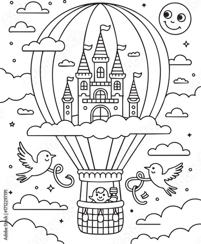 Magic castle in hot air balloon dreamy adventure coloring page