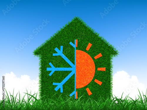 House with green leaves and snowflake and sun symbols. House heating and air conditioning. Vector illustration