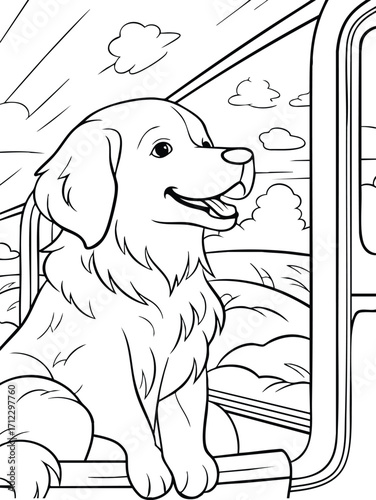Smiling dog enjoying car window breeze road trip coloring page