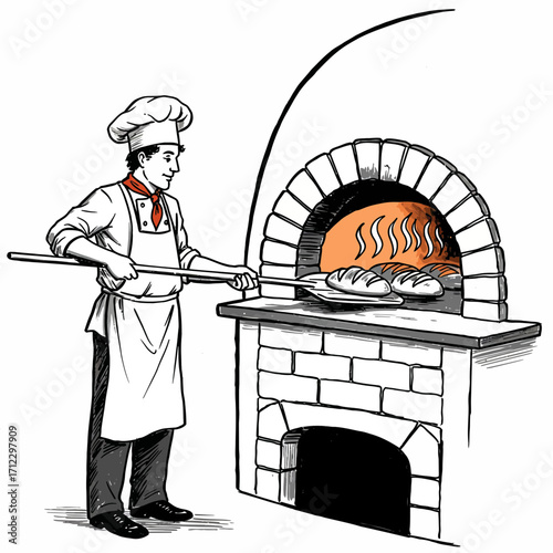 baker, bread, oven, brick, baking, chef, illustration, vintage, artisan, loaf, cooking, kitchen, heat, firewood, traditional, drawing, retro, sketch, black, white, culinary, dough, uniform, food, bake