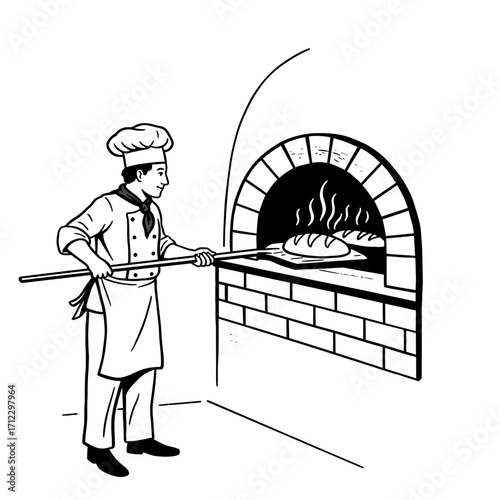 baker, bread, oven, brick, baking, chef, illustration, vintage, artisan, loaf, cooking, kitchen, heat, firewood, traditional, drawing, retro, sketch, black, white, culinary, dough, uniform, food, bake