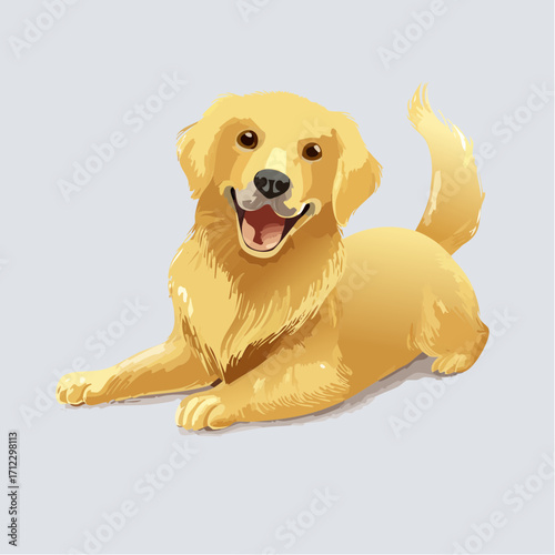 Adorable golden retriever puppy lying down, wagging tail happily