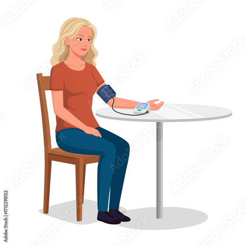 Elderly Woman Taking her blood Pressure at Home Vector illustration