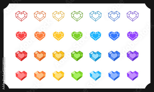 Heart crystal Icon set. Rainbow diamonds vector illustration