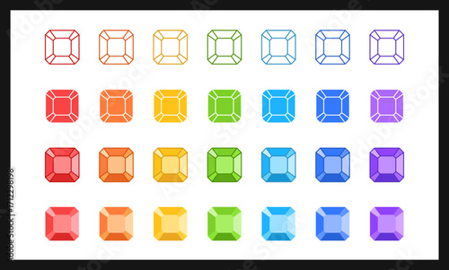 Square crystal Icon set. Rainbow diamonds vector illustration