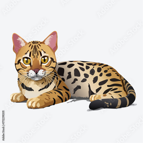 Relaxing Bengal cat lying down looking at you with yellow eyes