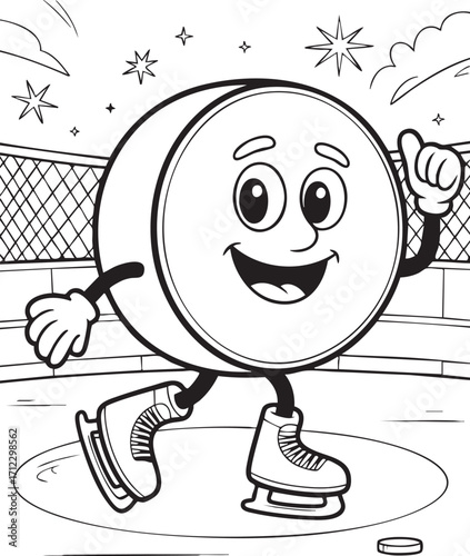 Happy skating hockey puck character on winter ice rink coloring