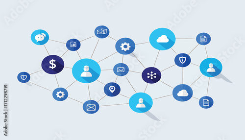 Digital network diagram showcasing interconnected concepts, data, and communication in a modern technological ecosystem