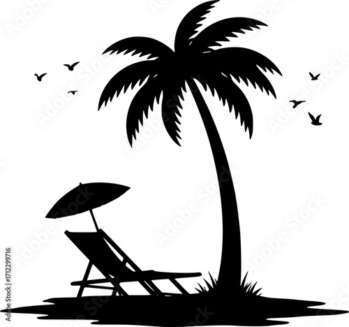 Palm tree beach chair summer vacation travel silhouette vector illustration