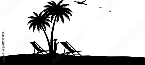 Palm tree beach chair summer vacation travel silhouette vector illustration