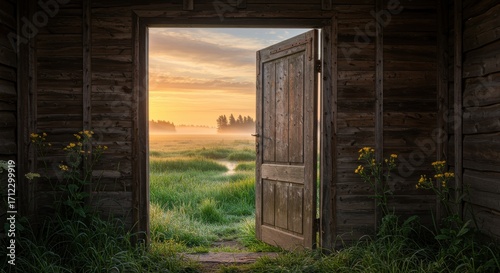 Open Door to Serenity: A wooden door, ajar in a rustic setting, frames a captivating sunrise landscape, inviting viewers into a world of peace and new beginnings.