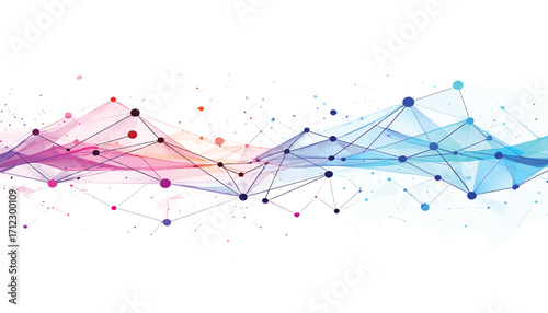 Abstract Geometric Network with Colorful Gradient Dots and Lines on White