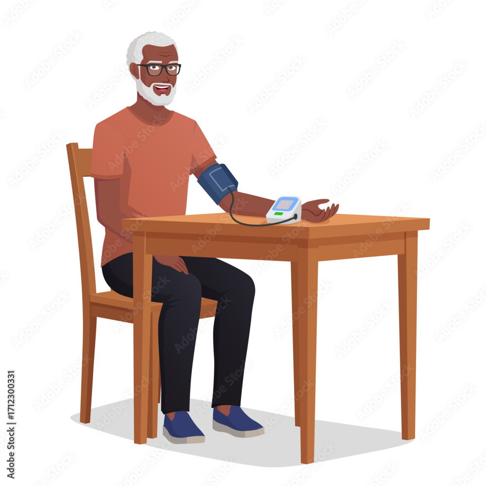 Fototapeta premium Elderly Black Man Measuring His Blood Pressure at Home Vector illustration