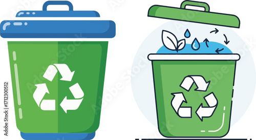 Green Recycling Bins with Eco-Friendly Symbols and Environmental Elements