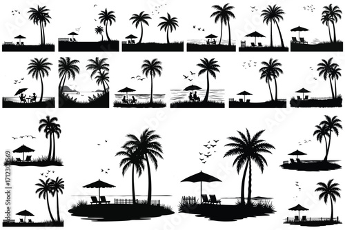 Black silhouette of tropical beach scenes with palm trees