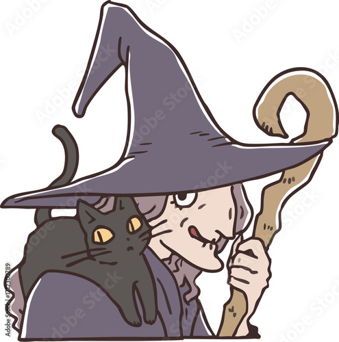 ハロウィンの魔女と黒猫のバストアップ
