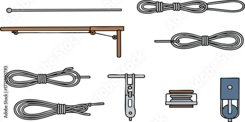 Collection of nautical rigging elements including ropes, blocks, and spars arranged on a white background for educational or informational purposes.