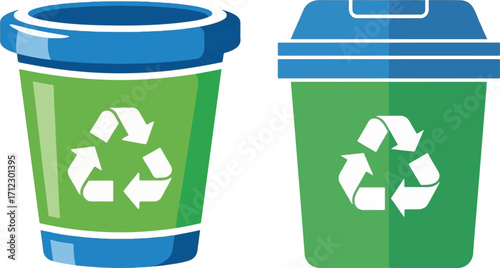 Two Green and Blue Recycling Bins with Recycle Symbols