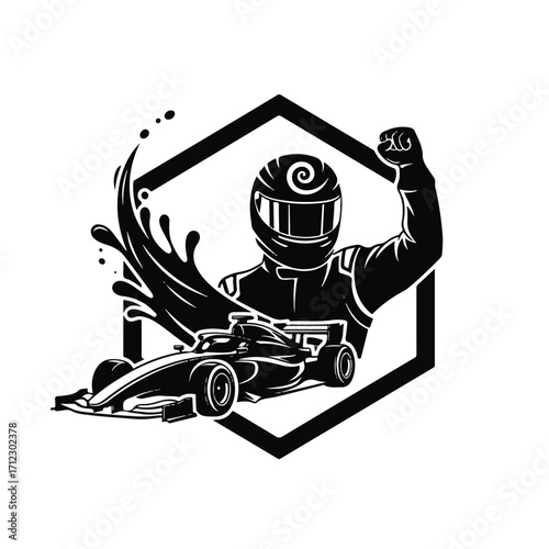 A triumphant race car driver celebrates victory, fist raised, next to a Formula 1 vehicle.