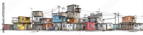 Colorful Shantytown with Makeshift Houses and Power Lines