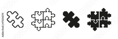 Pixel Art Puzzle Pieces Icon Set. Collaboration And Problem-Solving Symbol Collection. Black And White Jigsaw Elements. Isolated Vector Illustration
