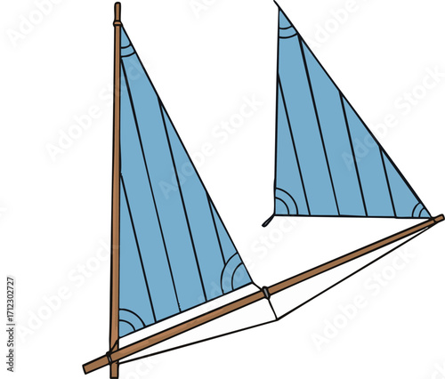 Small sailboat with blue sails floats gently on calm water, showcasing the simple joy of sailing and the beauty of the sea on a bright, sunny day.