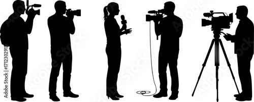Female videographer reporter television crew silhouette vector illustration
