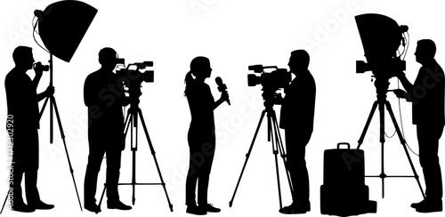 Female videographer reporter television crew silhouette vector illustration