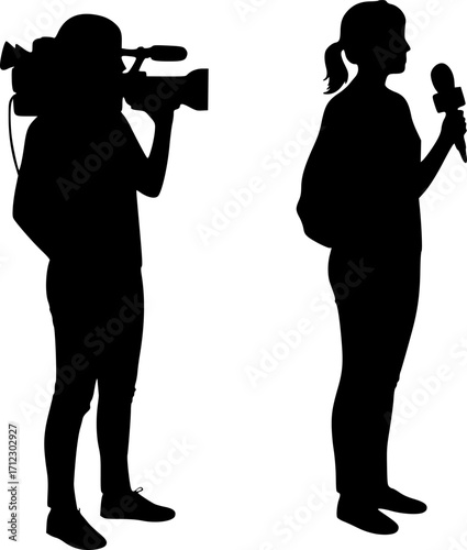 Female videographer reporter television crew silhouette vector illustration