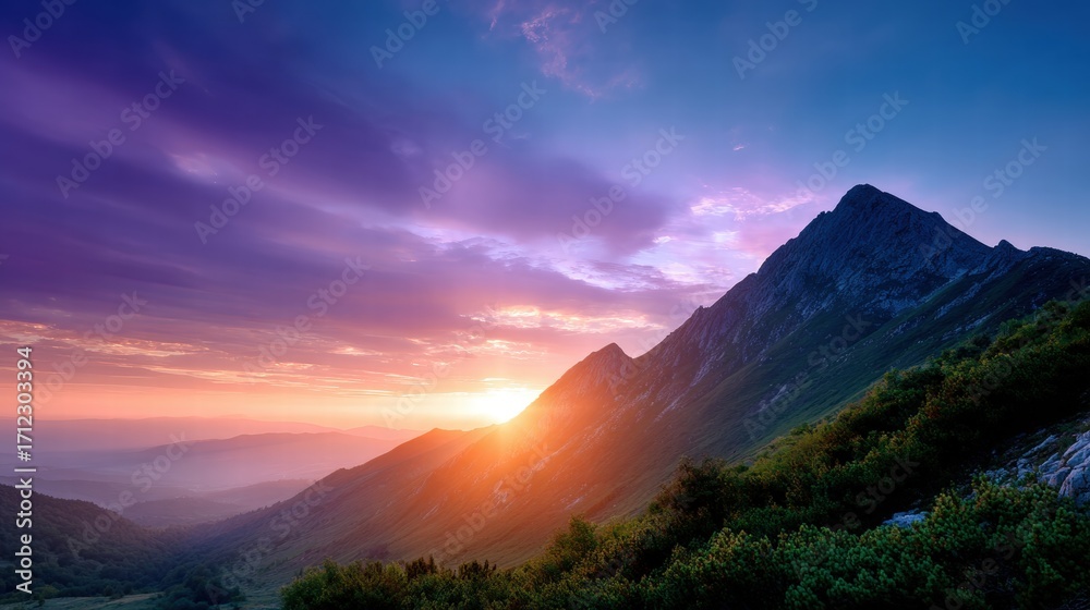 Obraz premium Majestic Mountain Sunset Over Lush Valleys