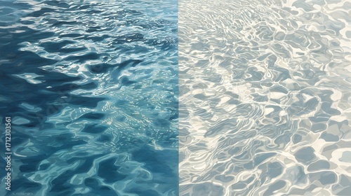 Split image of deep blue and bright white water surface with light reflections