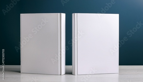 front and back book cover mockup with two blank white books standing upright against a plain background