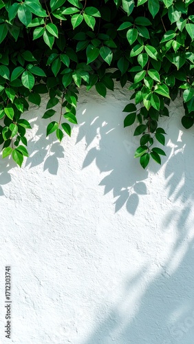 Green leaves drape a white wall, casting shadows