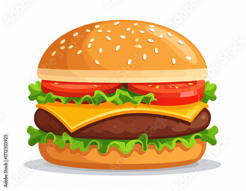 Cartoon illustration of a cheeseburger with sesame seed bun, lettuce, tomato, and cheese.