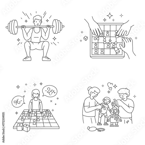 This versatile collection of line art illustrations beautifully depicts diverse human leisure activities, including fitness, strategic board games, and family play.