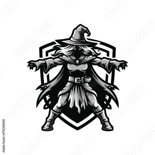 A stylized witch figure with a hat and cape stands with arms outstretched in front of a shield emblem.